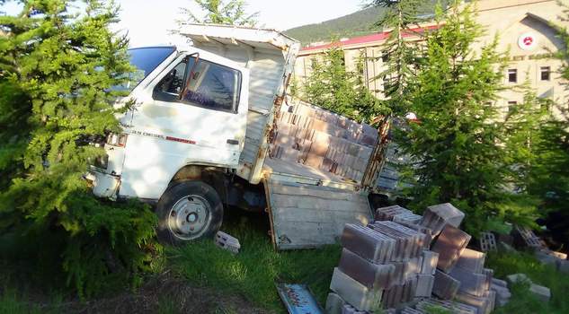 Kamyonet adliye sarayı bahçesindeki ağaçlara çarparak durabildi