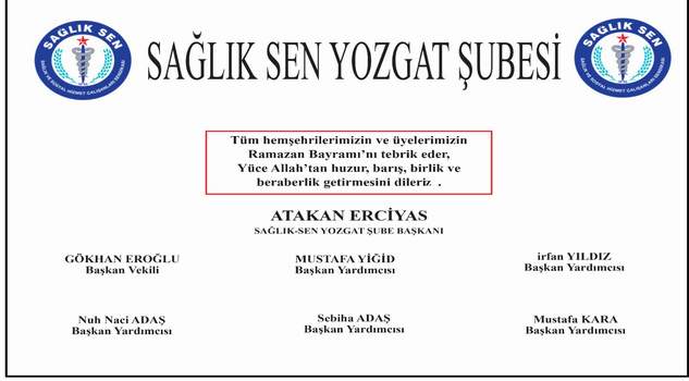 Sağlık Sen Yozgat Şube Başkanı Erciyas’tan Bayram mesajı