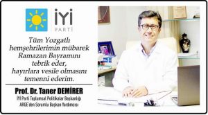 İYİ Parti’li Prof Dr Taner Demirer Yozgat halkının bayramını kutladı