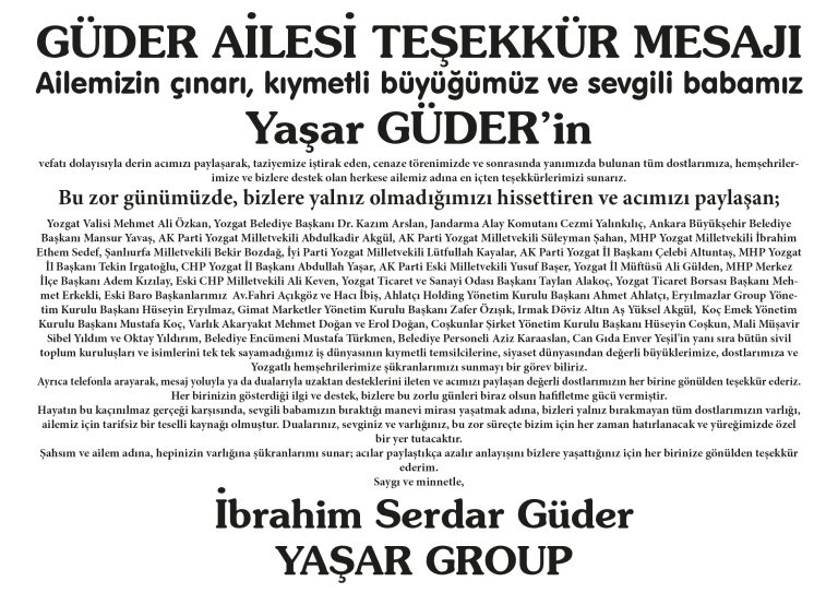 GÜDER AİLESİ TEŞEKKÜR MESAJI