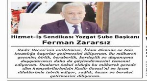 Hizmet İş Sendikası Yozgat Şube Başkanı ve Hak İş İl Başkanı Zararsız’dan kandil mesajı