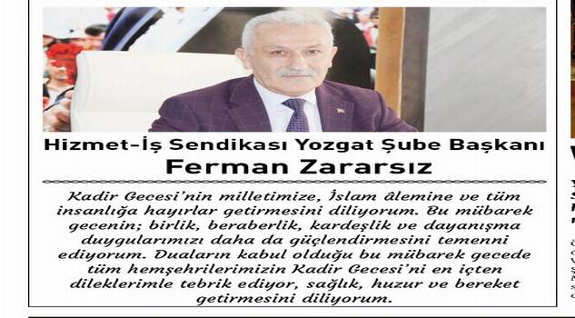 Hizmet İş Sendikası Yozgat Şube Başkanı ve Hak İş İl Başkanı Zararsız’dan kandil mesajı